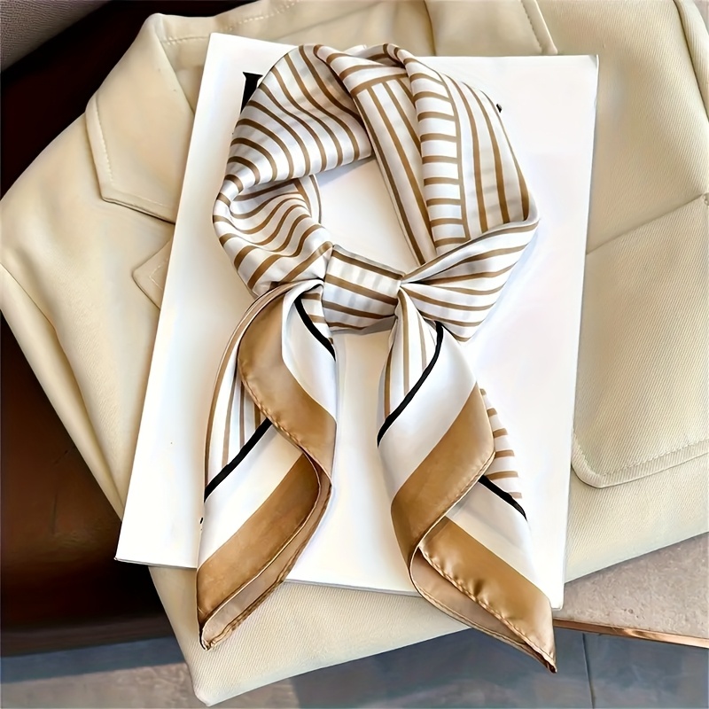 Scarf Silk Square - Syal Sederhana Desainer Garis Sutra Merek