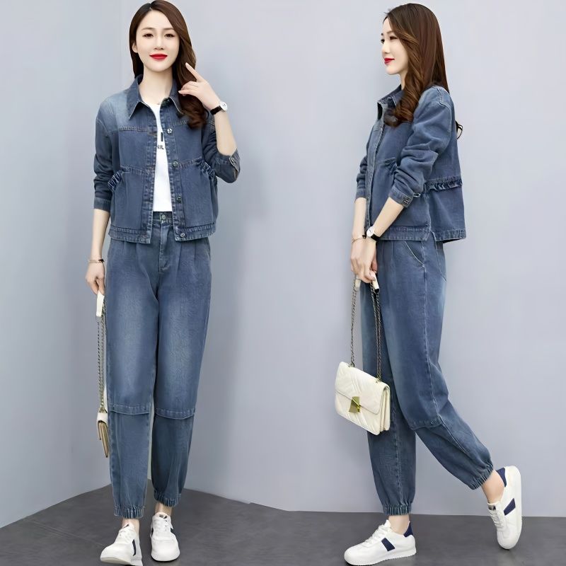 Pocket Square Set - Set pakaian Denim wanita, mantel jaket