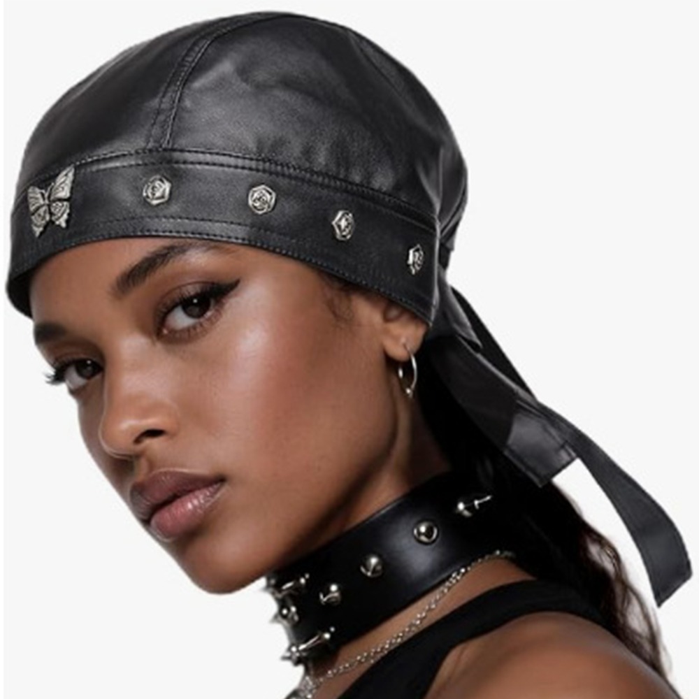 Bandana Doo Rag - Topi Biker Kulit PU Hitam Baru,